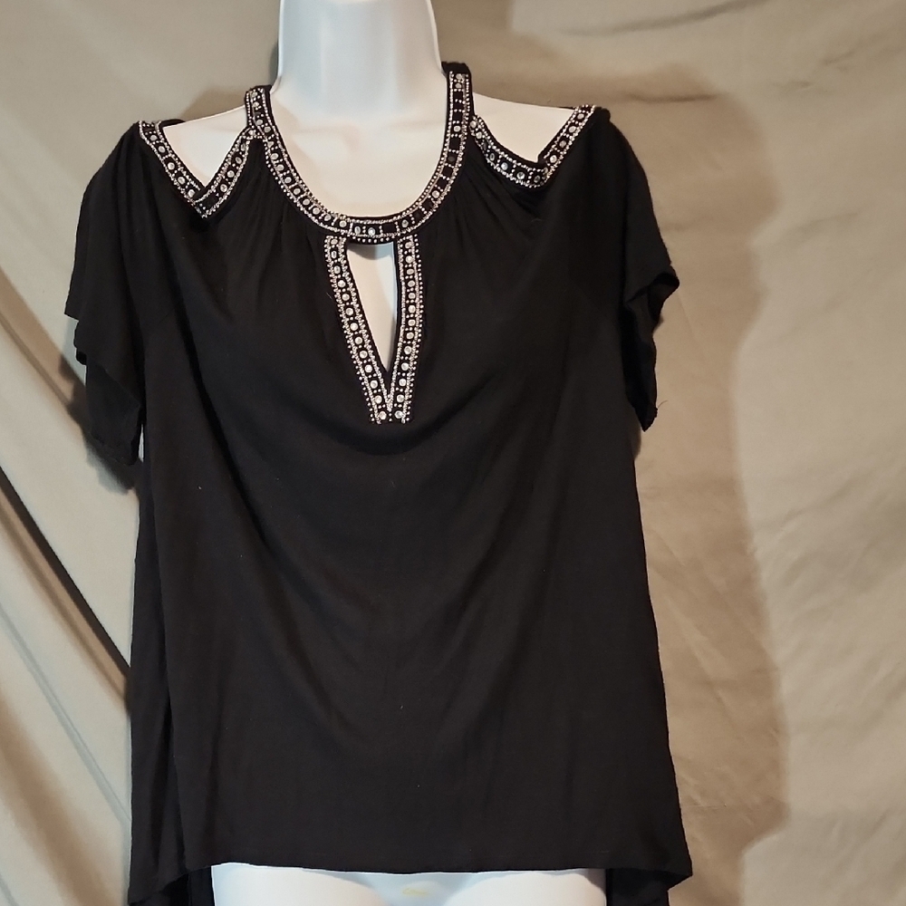 INC International Concepts Black Blouse with Embellished Neckline